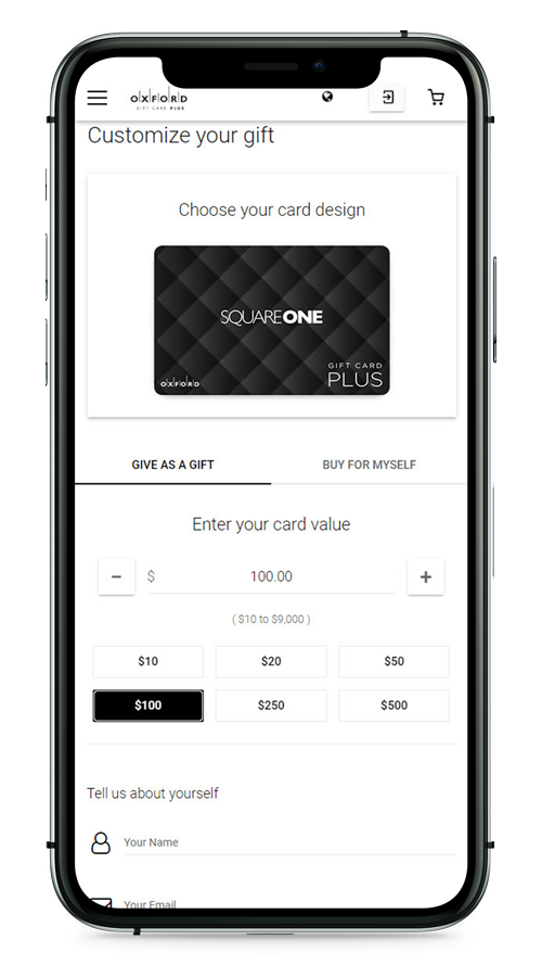 Mobile phone with Square One gift card e-commerce site.