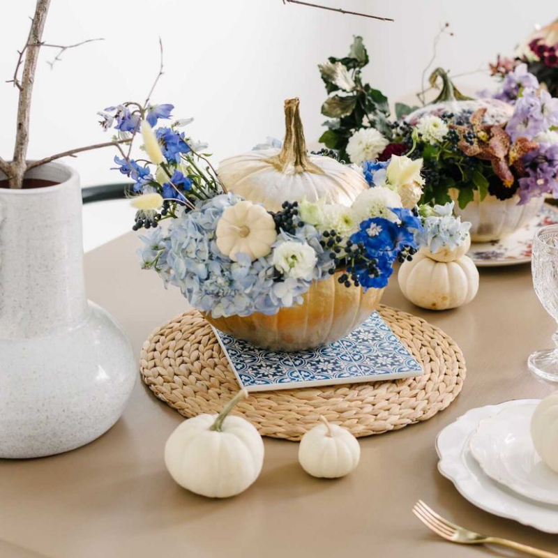 Blue pumpkin & floral centrepiece arrangement from Blossom Moments