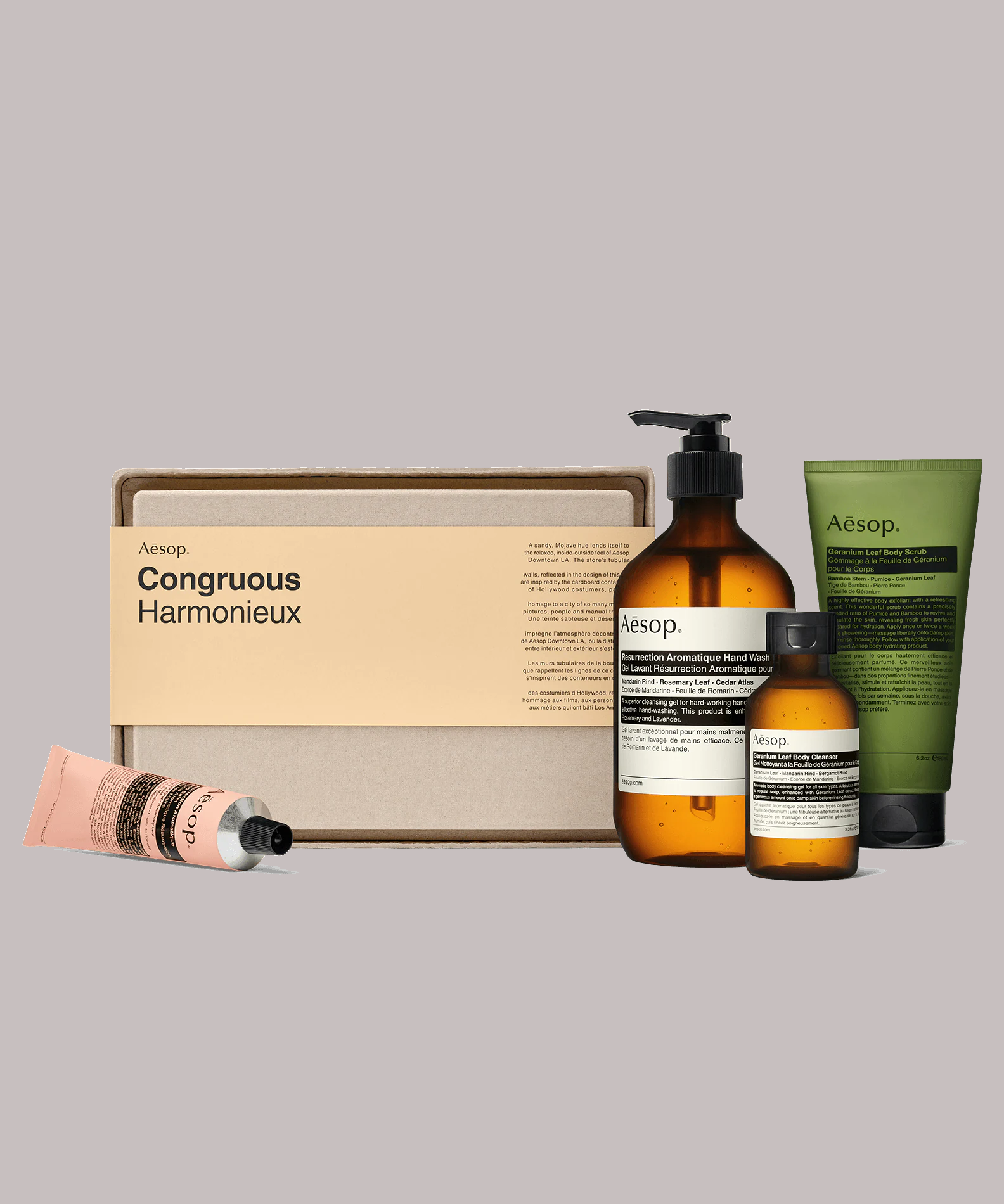Image of the AEsop Congruous gift set against a grey backdrop. The image shows the box, aesop handcream, handwash, body cleanser and body scrub.