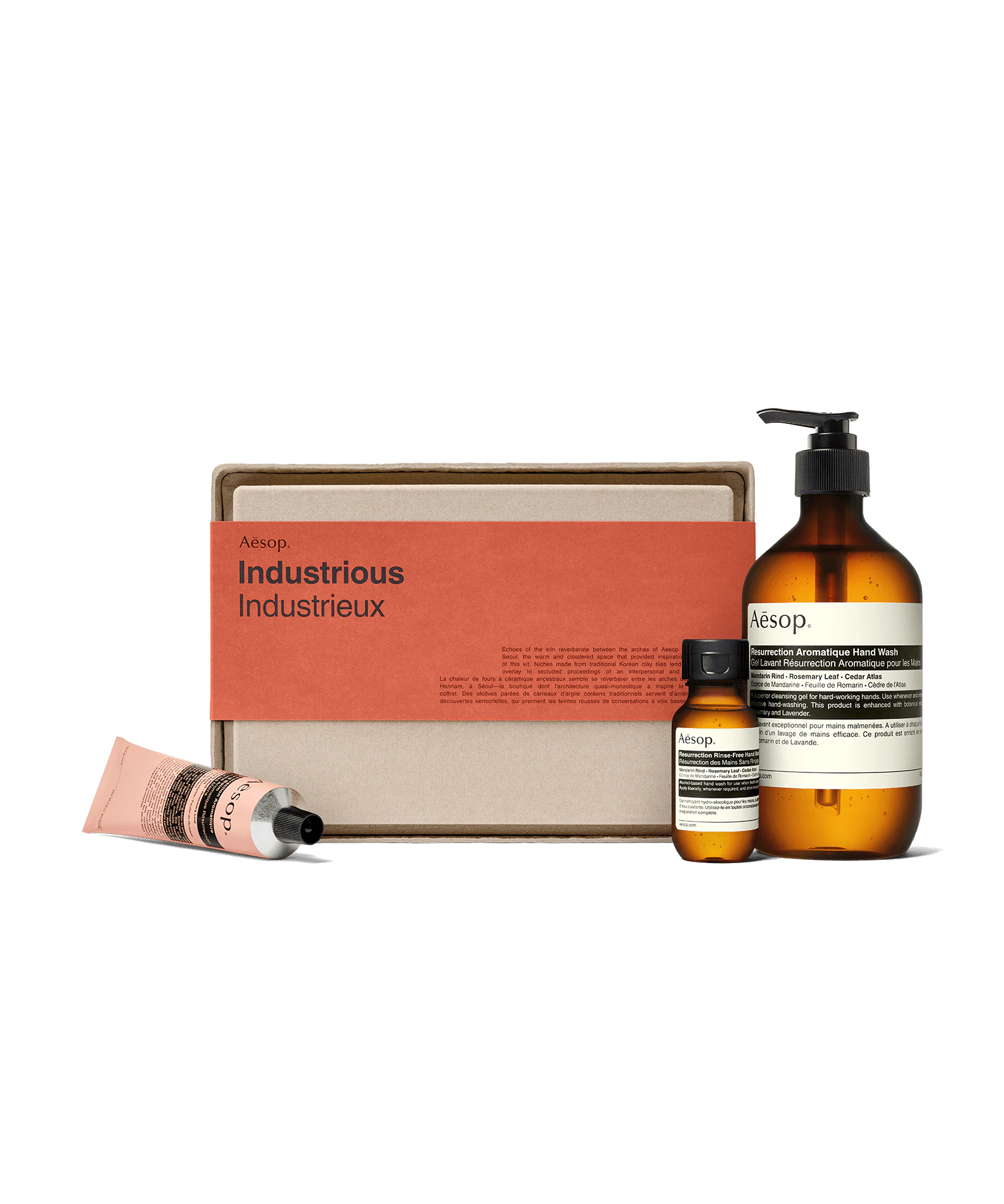 Image of the Aesop Industrious gift set. The image shows the box, hand cream, rinse-free hand wash and hand wash