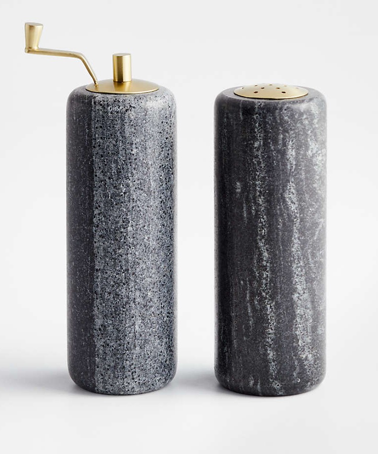 Image of marble salt and pepper shakers with gold accents