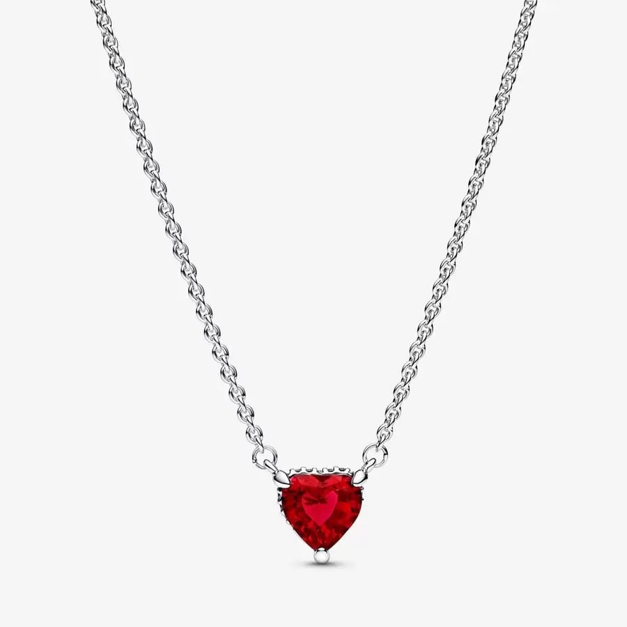Image of a silver necklace with a red heart pendant from Pandora