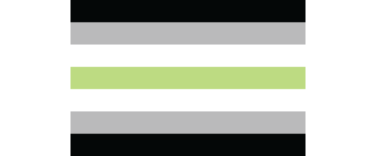 Image of the agender pride flag consisting of seven horizontal stripes, two black stripes at the top and bottom of the flag, two grey stripes above and below the black, two white stripes next to grey and a green stripe in the middle.