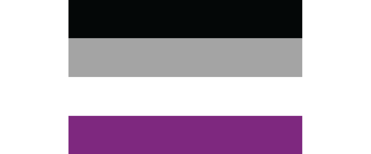 Image of the asexual pride flag cConsisting of four horizontal stripes in black, grey, white, and purple.