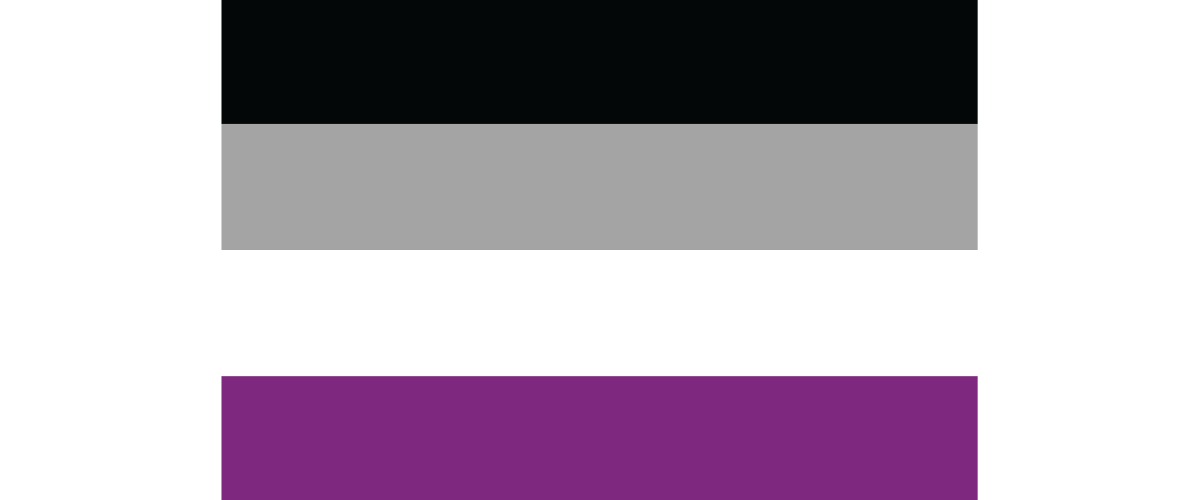 Image of the asexual pride flag cConsisting of four horizontal stripes in black, grey, white, and purple.