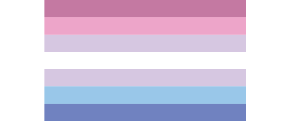 An image of the bigender pride flag consisting of has seven horizontal stripes in two shades of pink, two stripes in one shade of purple, one of white and two shades of blue.