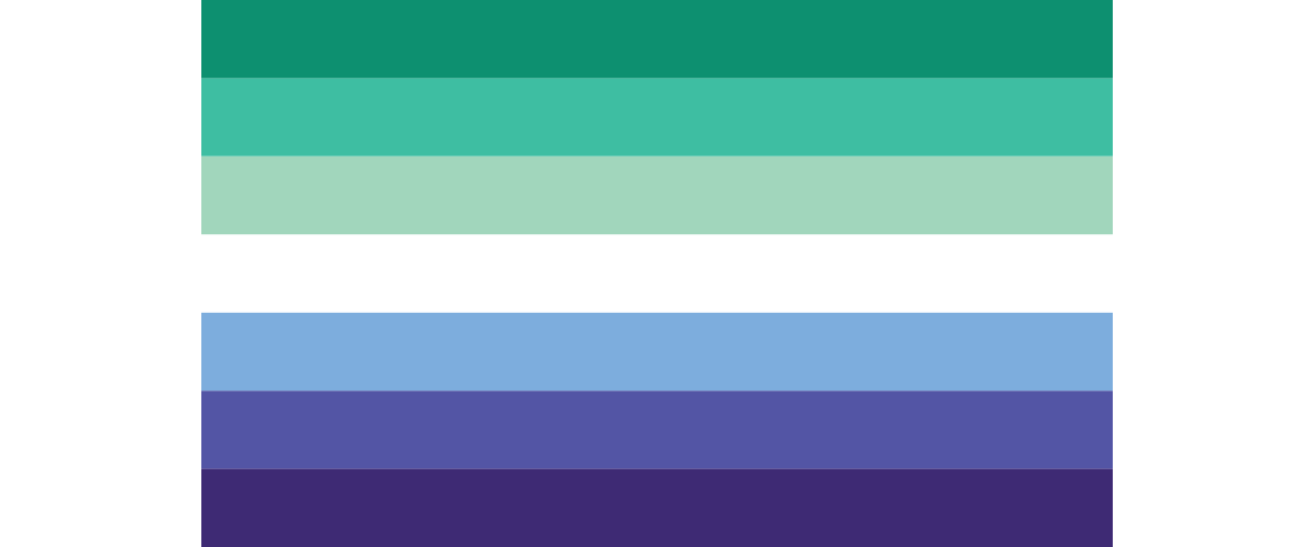 An image of the Trans-Inclusive Gay Men’s Pride Flag consisting of seven horizontal stripes in different shades of green and blue, along with a white stripe in the middle