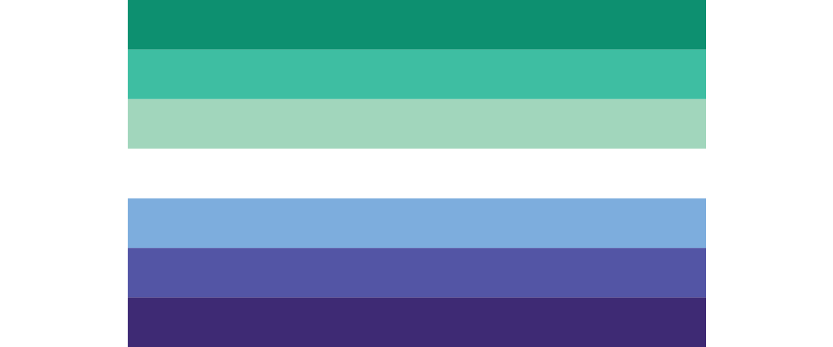 An image of the Trans-Inclusive Gay Men’s Pride Flag consisting of seven horizontal stripes in different shades of green and blue, along with a white stripe in the middle