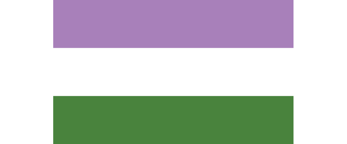 Image of the genderqueer pride flag consisting of three horizontal stripes: purple, white and green