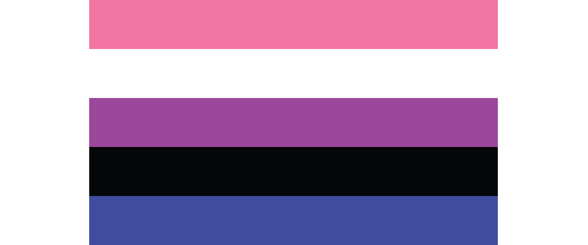 Image of the genderfluid pride flag consisting of five stripes in colours of pink, white, purple, black and blue.