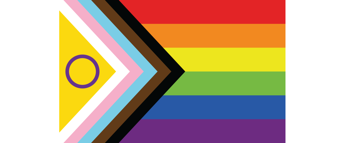 Image of the intersex-inclusive progress pride flag, which consists of the rainbow stripes of the Pride flag on the right hand side, plus triangle stripes of white, pink, blue, brown and black. At the far left of the flag is a yellow triangle with a purple circle.