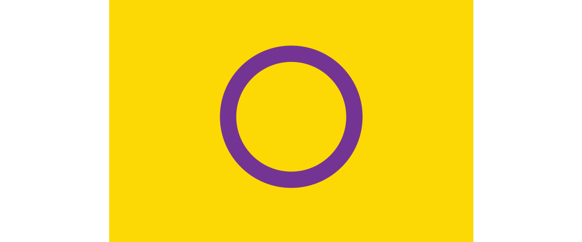 Image of the intersex pride flag. The flag is yellow with the outline of a purple circle in the middle.