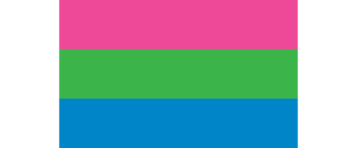 An image of the polysexual pride flag consisting of three horizontal stripes in pink, green and blue.