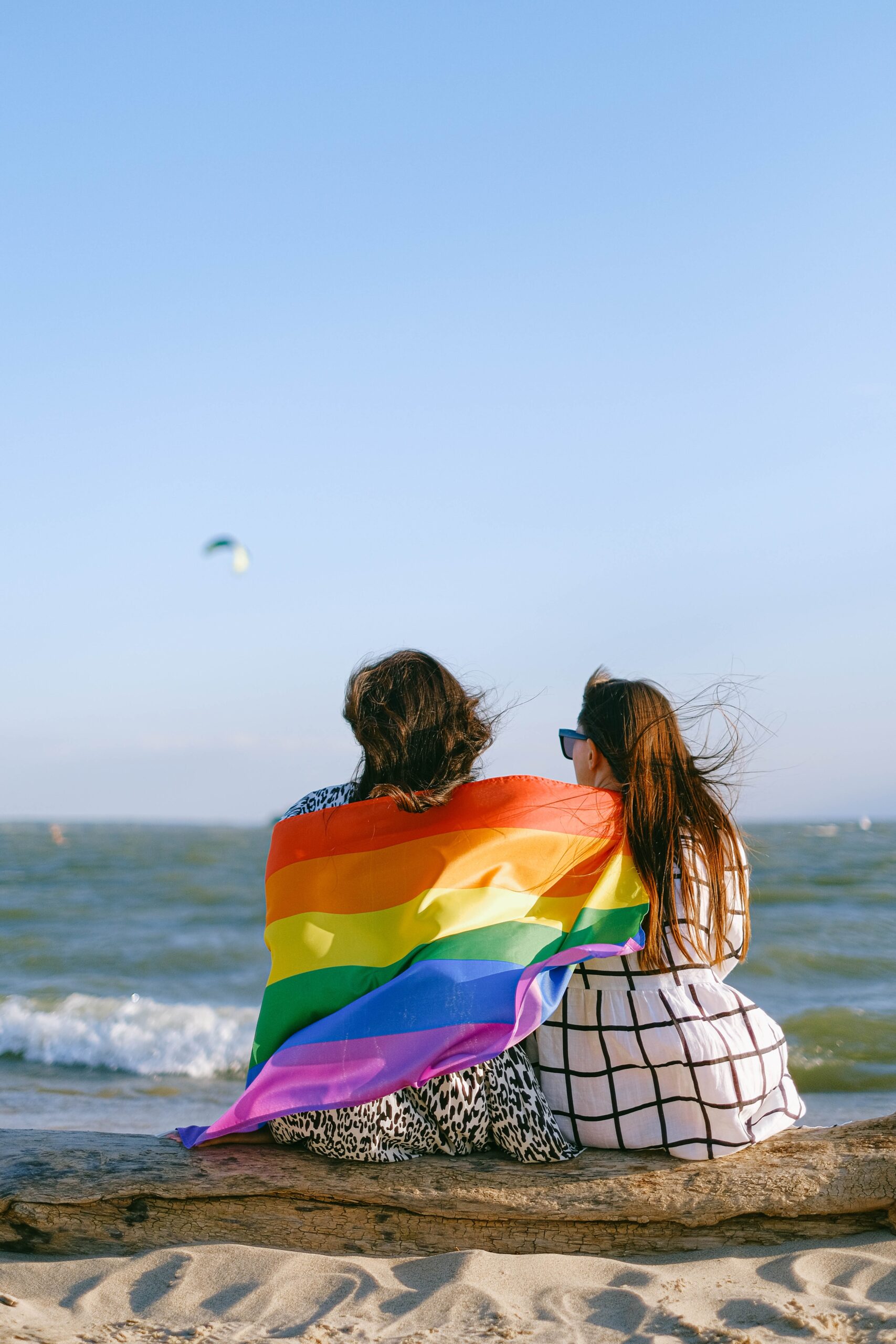two people sitting on a log with a Pride flag