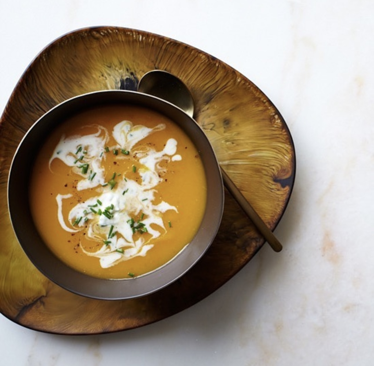 A bowl of butternut squash soup from Ma's Best Soup