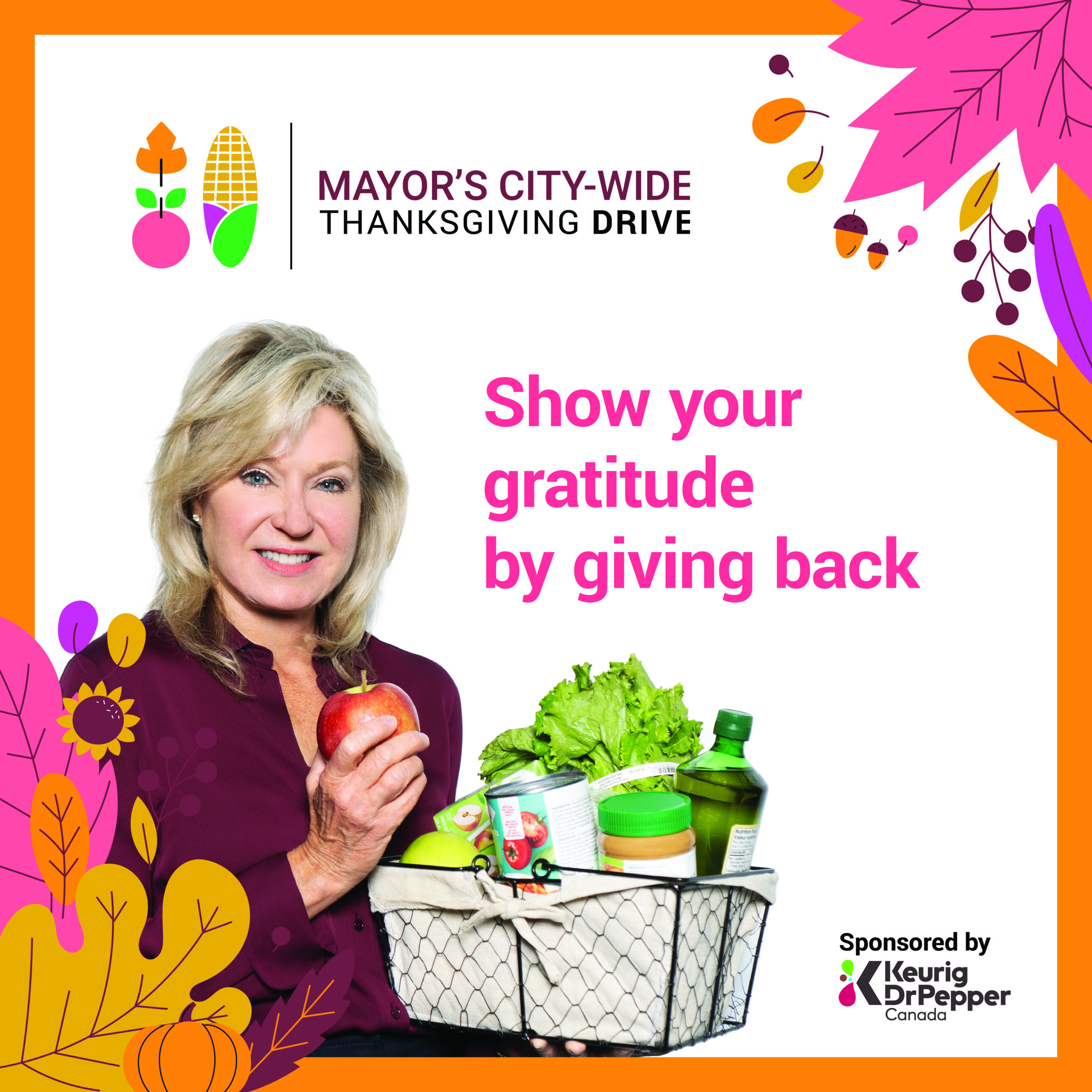 Promotional poster of Mississauga Food Bank's Thanksgiving Drive Campaign featuring a photo of Mississauga Mayor Bonnie Crombie