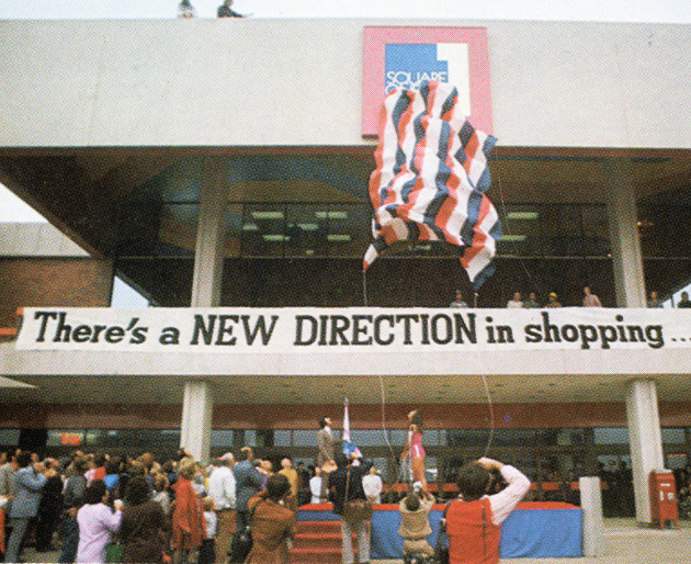 Mall entrance on opening day with people