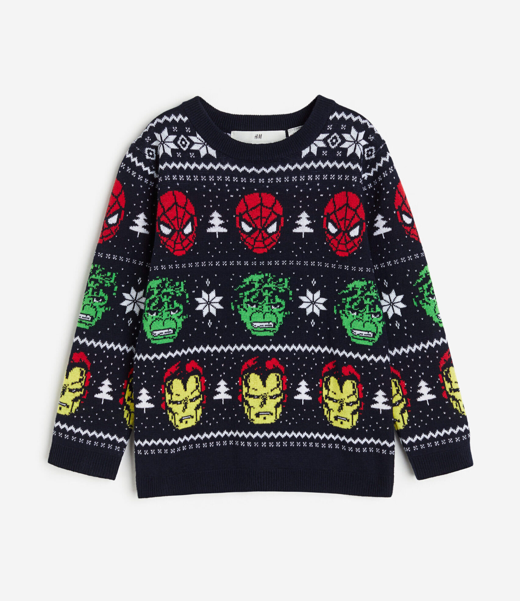 Child's black knit sweater with a superhero and Christmas themed pattern