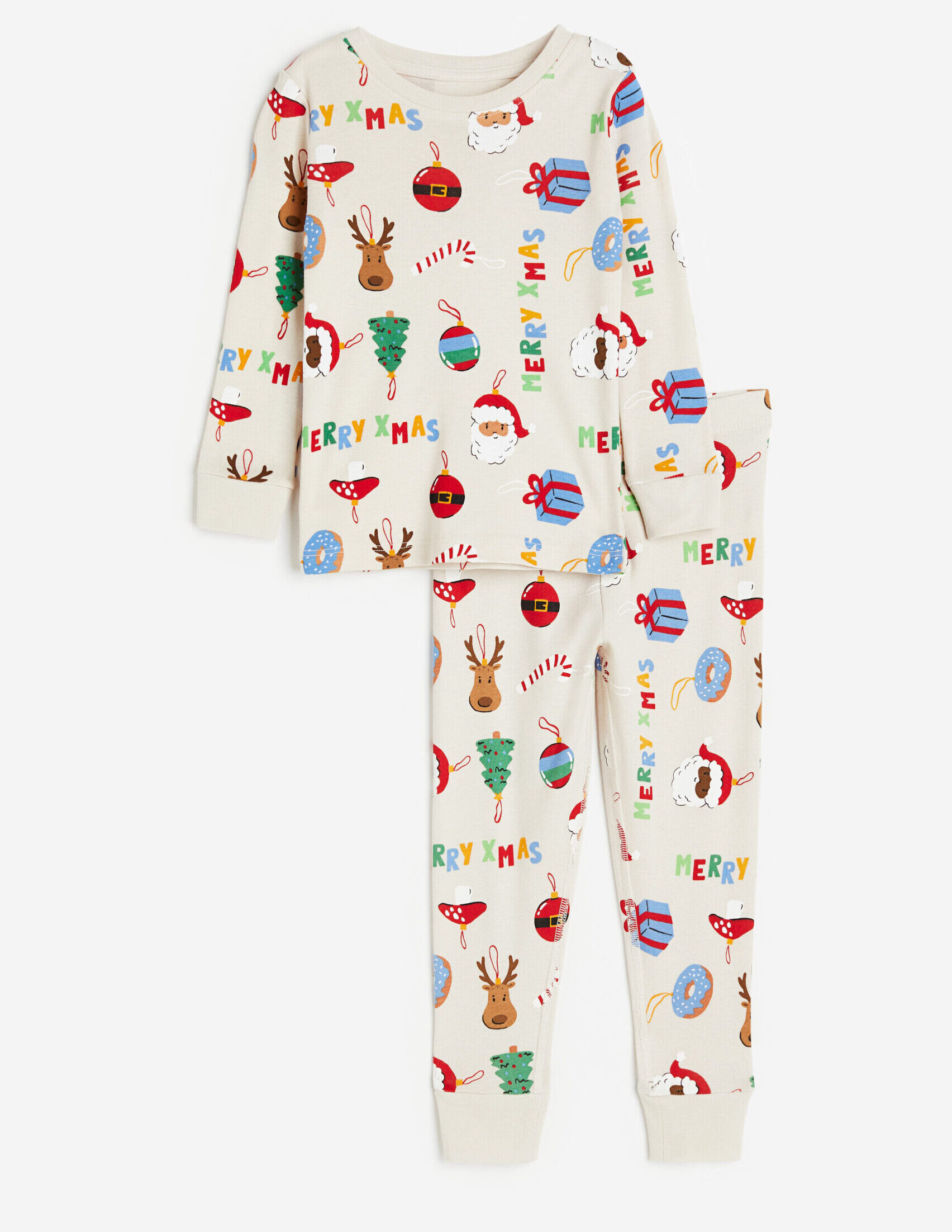 Cream-coloured child's Pajama set with a holiday themed pattern