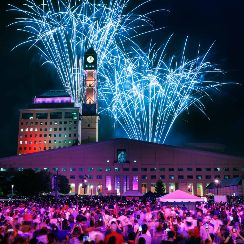 Fireworks taking place over Mississauga's city hall