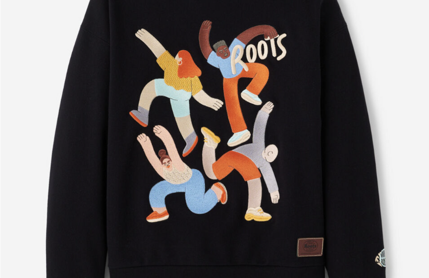 A black crewneck sweater featuring a graphic of different people