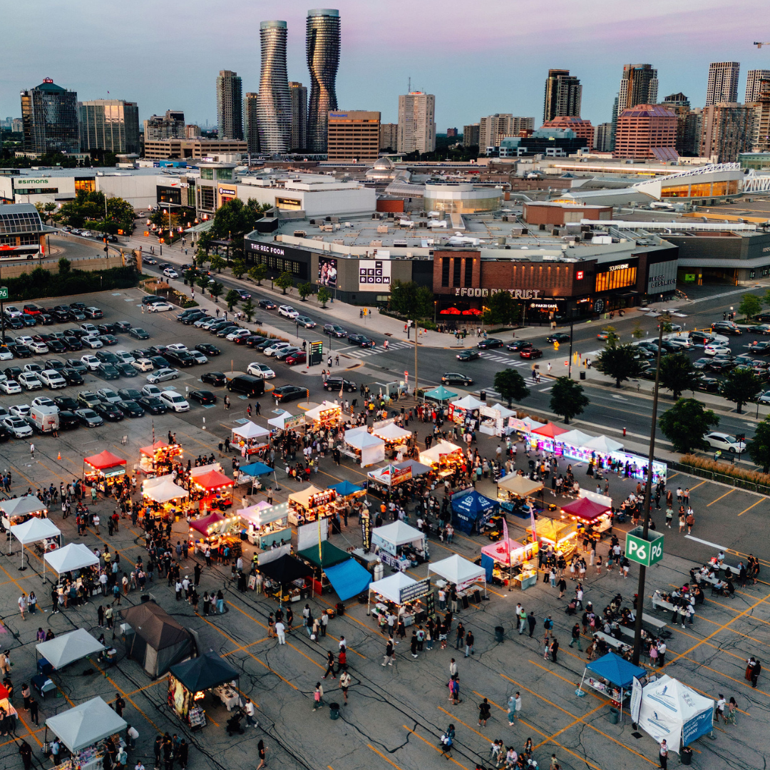 An aerial view of a night market in Mississauga.