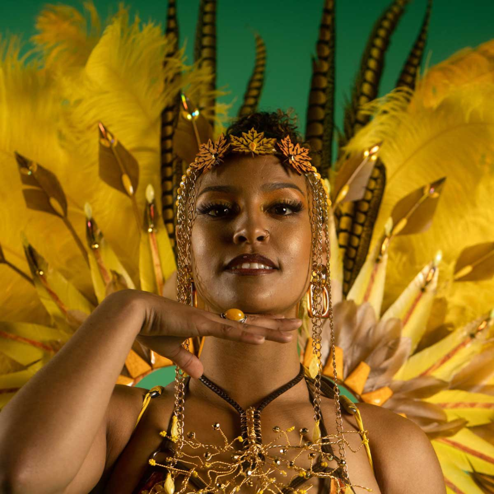 A woman dressed in festive wear for a Caribbean Carnival performance.