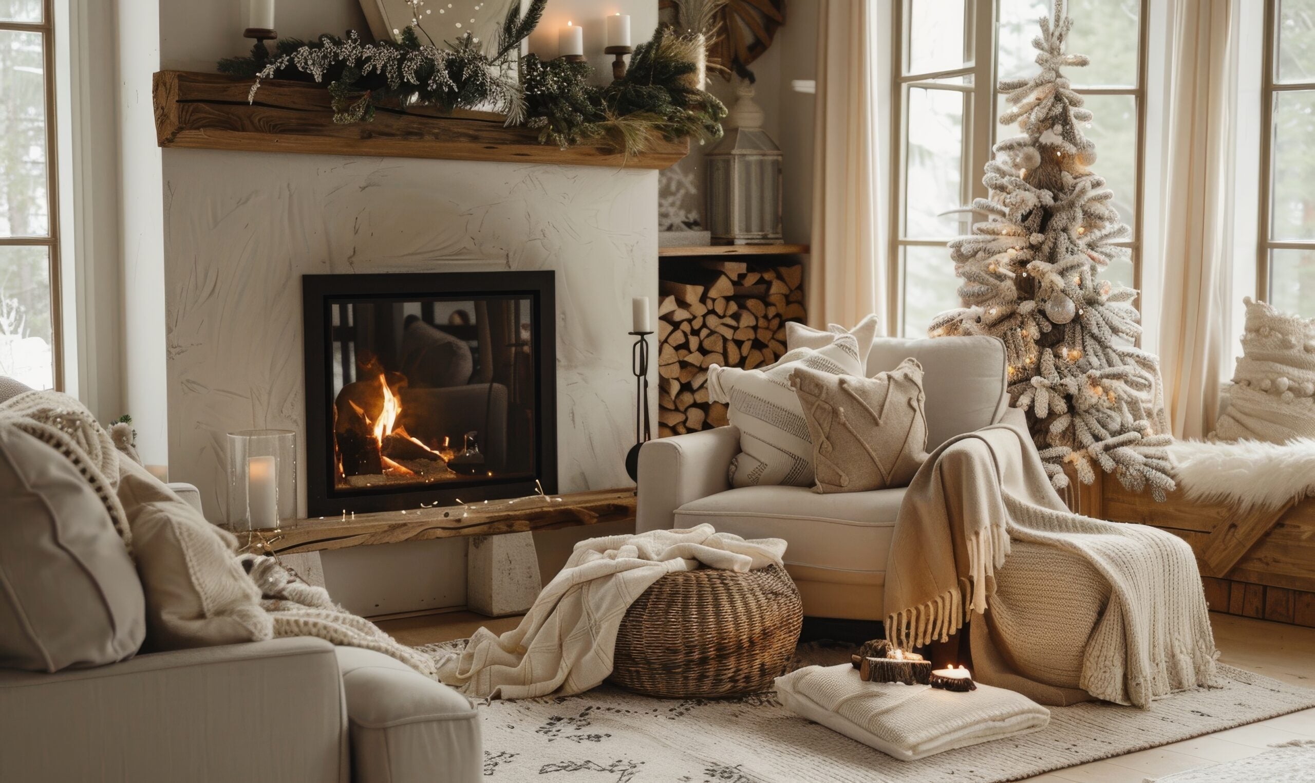 Beige themed living room with fireplace and Christmas decor