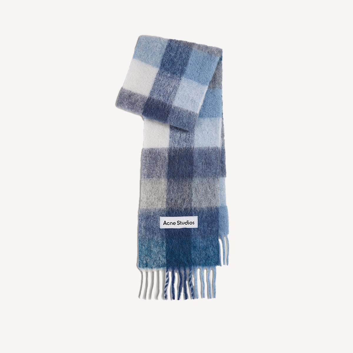 Blue, white, and grey plaid scarf