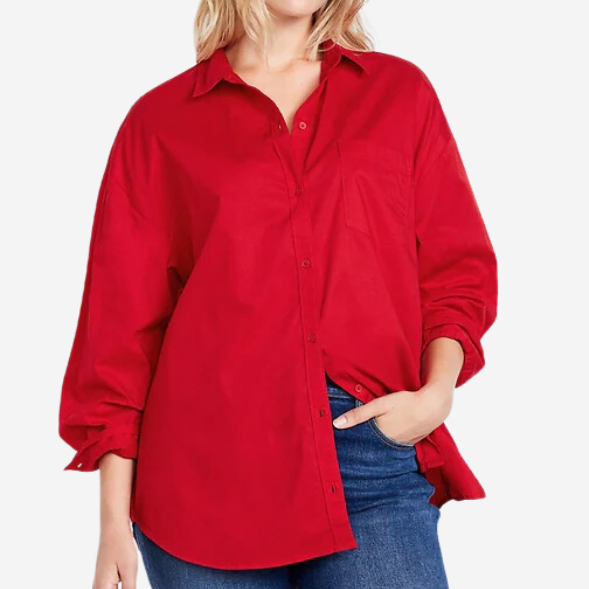 An oversized red dress shirt