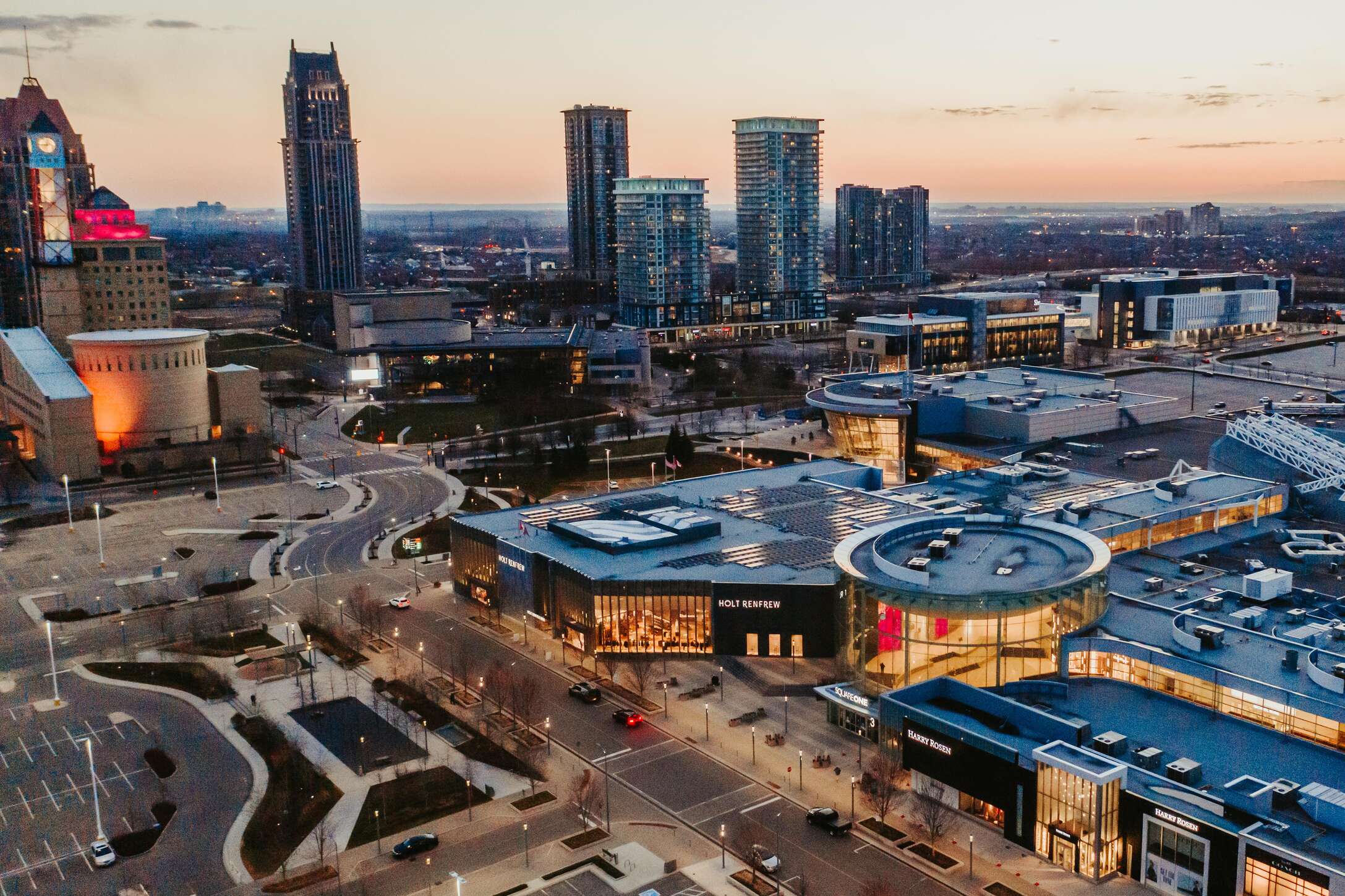 An aerial view of Square One Shopping Centre during sunset