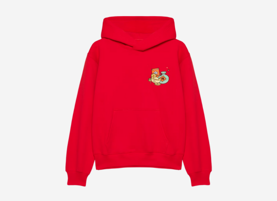 A red hoodie with symbols of Lunar New Year on the left chest area.