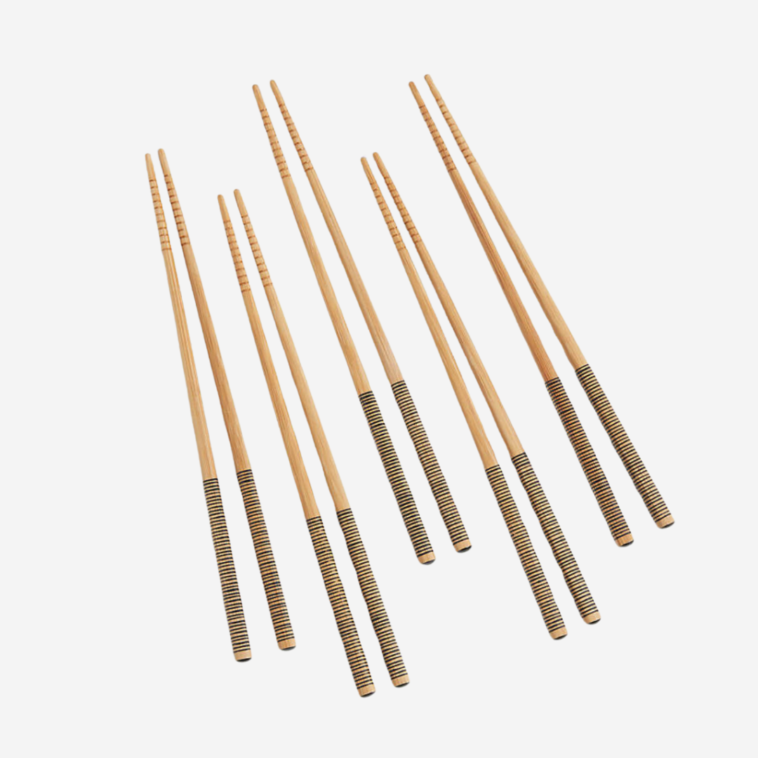 Bamboo wooden chopsticks with black lining accents.