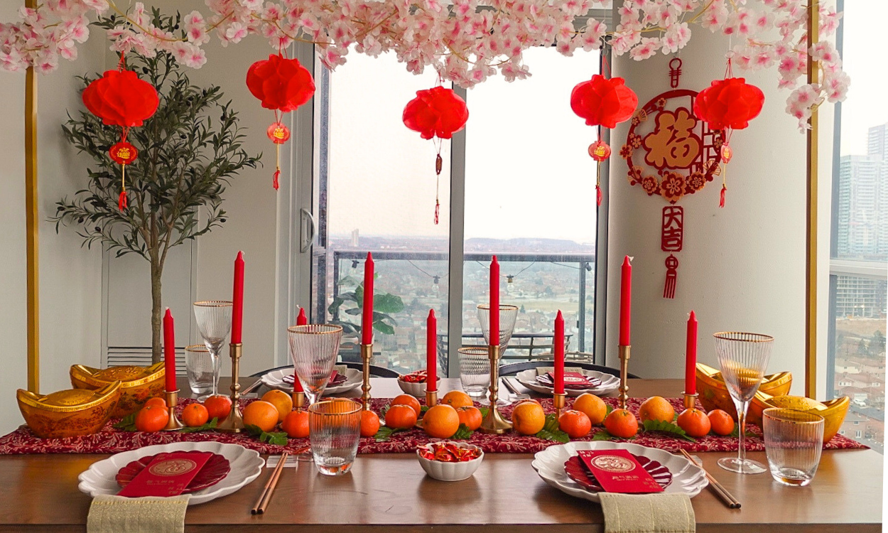 A festively decorated dining area for Lunar New Year.