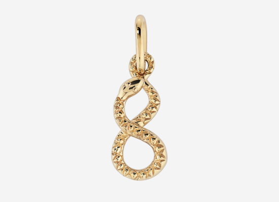 A gold earring in the shape of a snake.