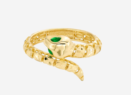 A gold ring in the shape of a snake with green eyes.