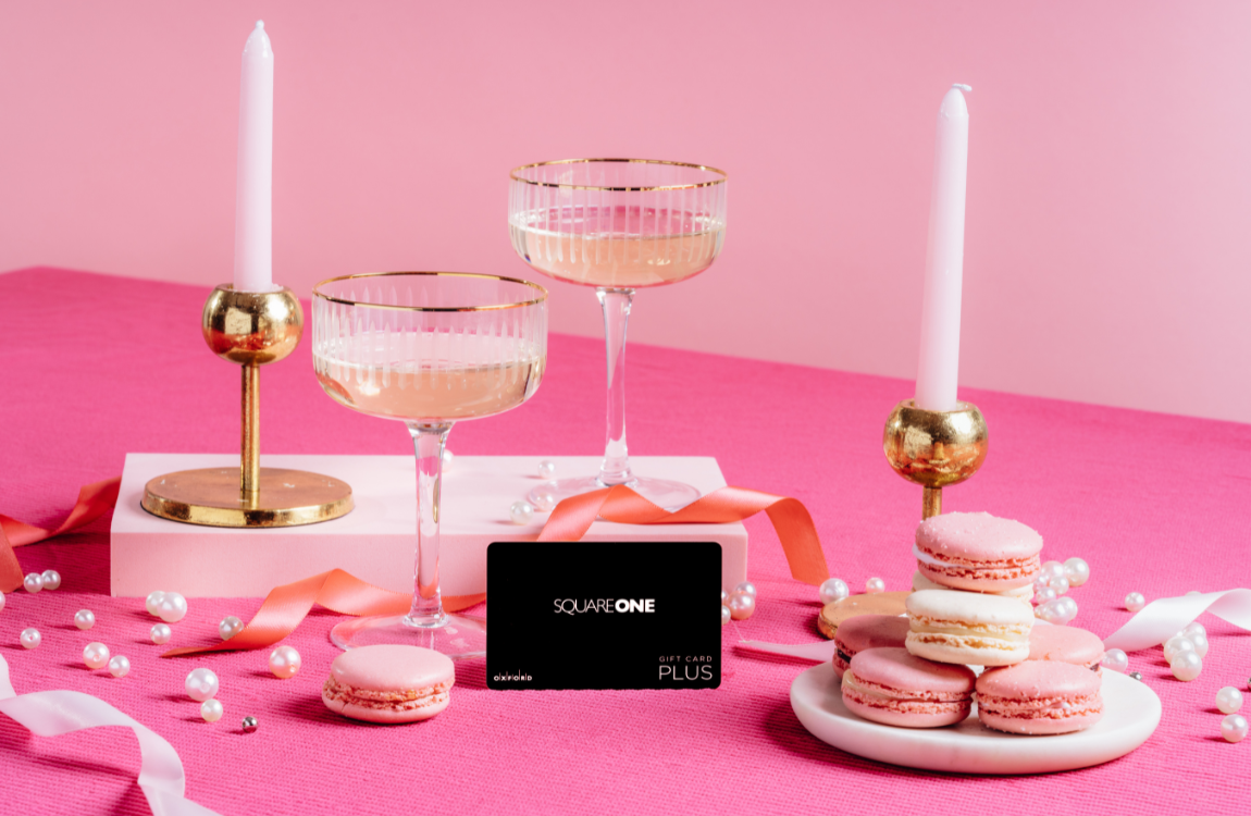 A Square One gift card featured in the middle of a festive Valentine's Day tablescape.