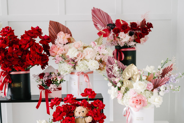 Several bouquets of flowers for Valentine's Day.