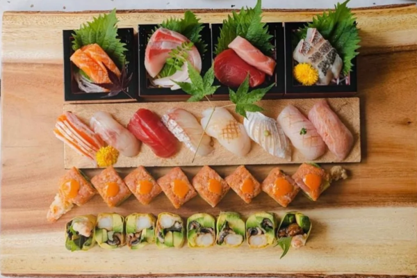 A large platter of sushi.