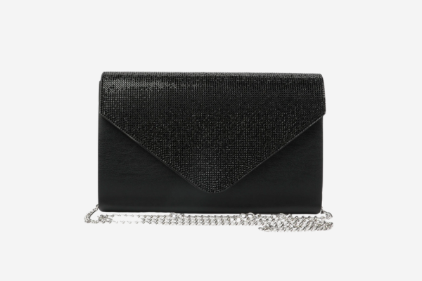 A black bedazzled handbag.