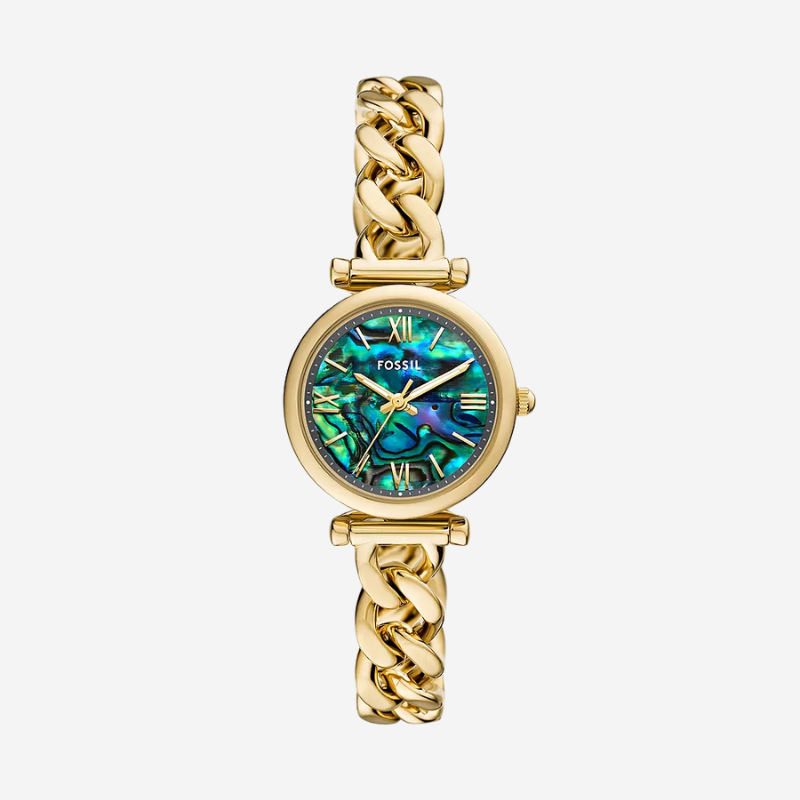 A gold watch with a turquoise coloured face from Fossil.