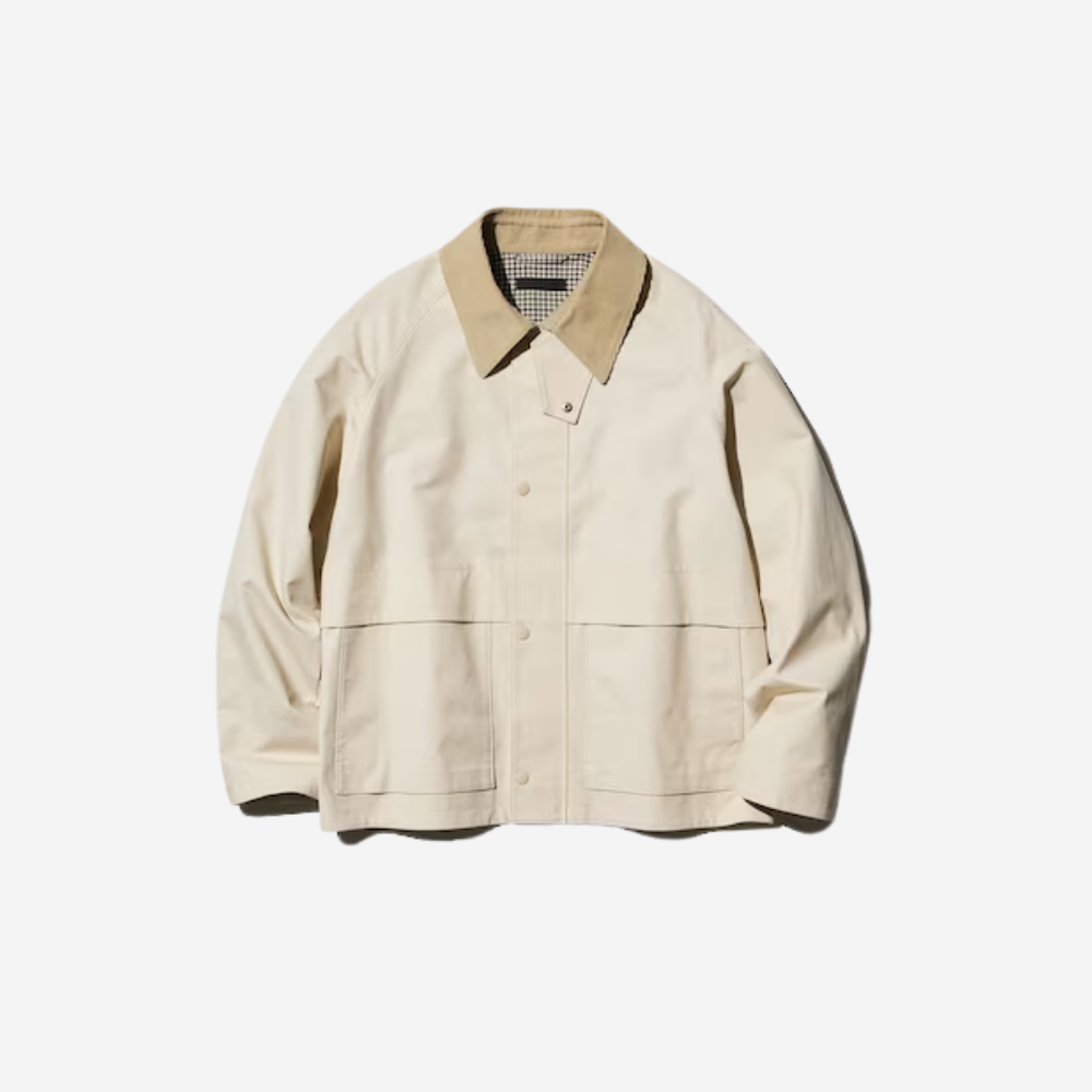 A beige collared jacket from Uniqlo.