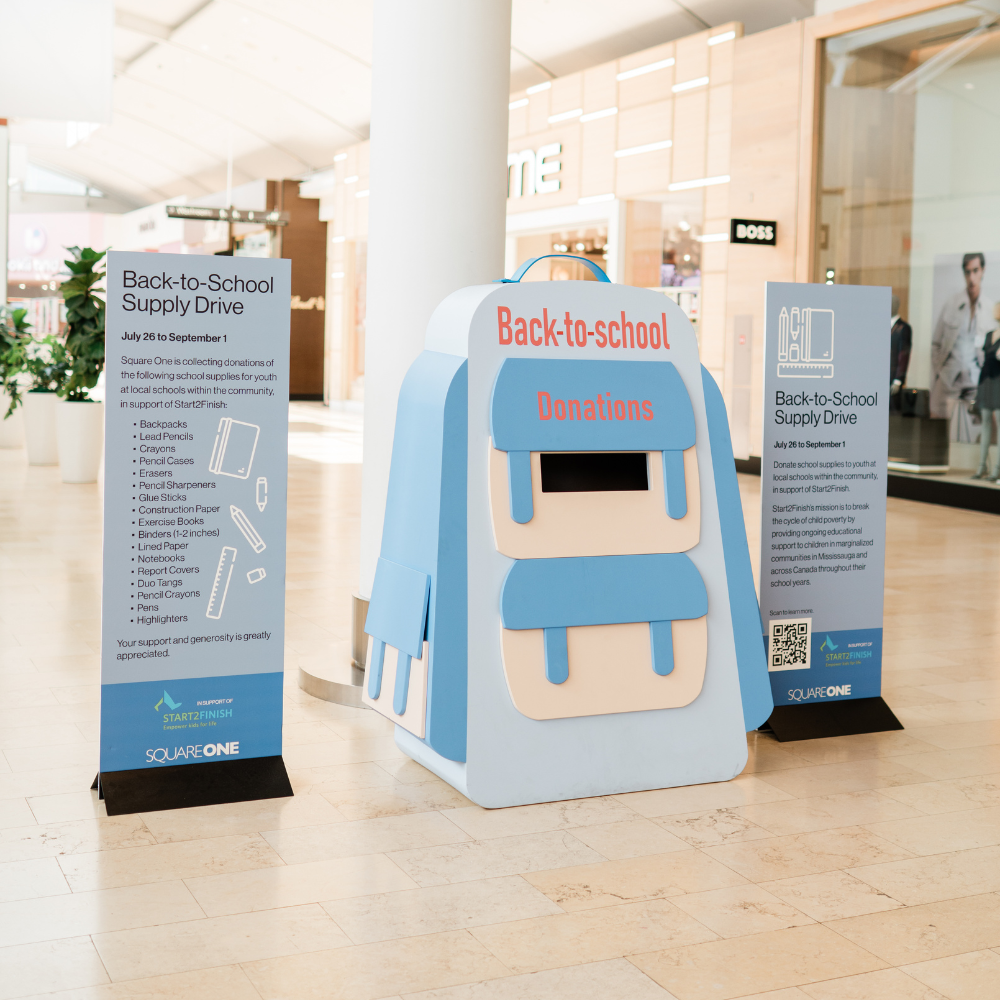 A backpack shaped donation bin.