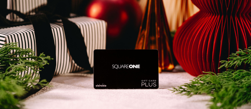 Square One gift card on a Christmas tablescape.
