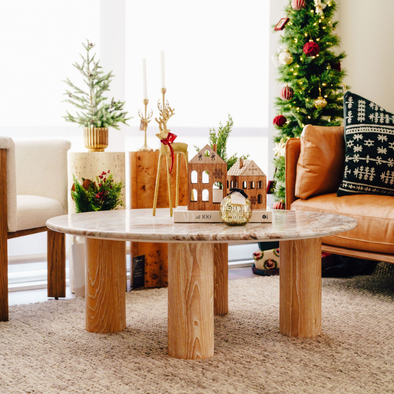 A living room decorated for the holidays.