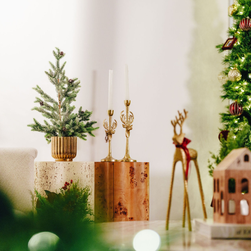 A living room decorated for the holidays.