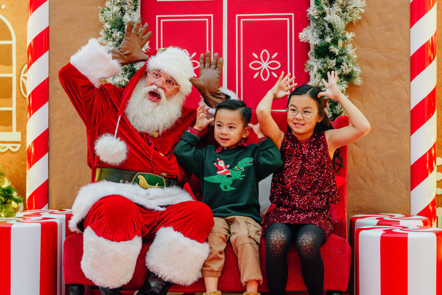 Santa posing for a photo with two young children