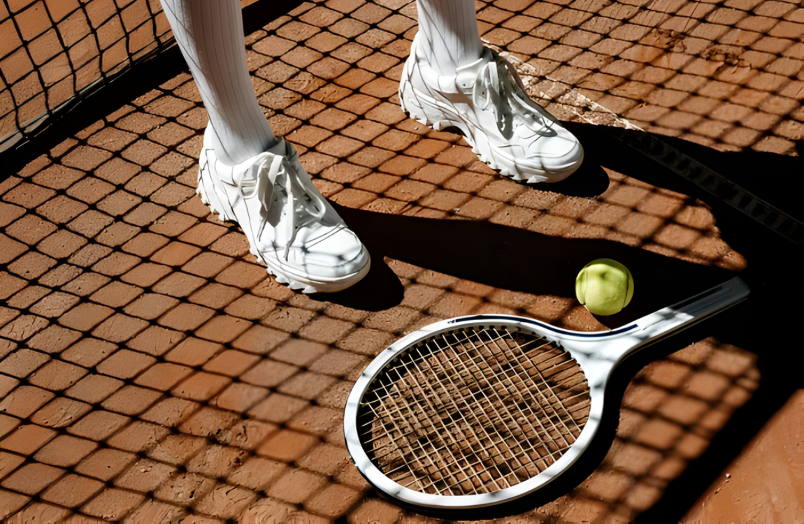 A tennis racquet and ball on the ground.