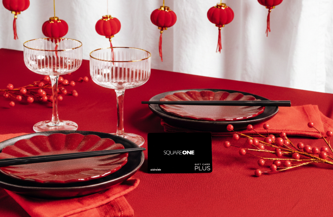 A Square One gift card on a Lunar New Year themed tablescape